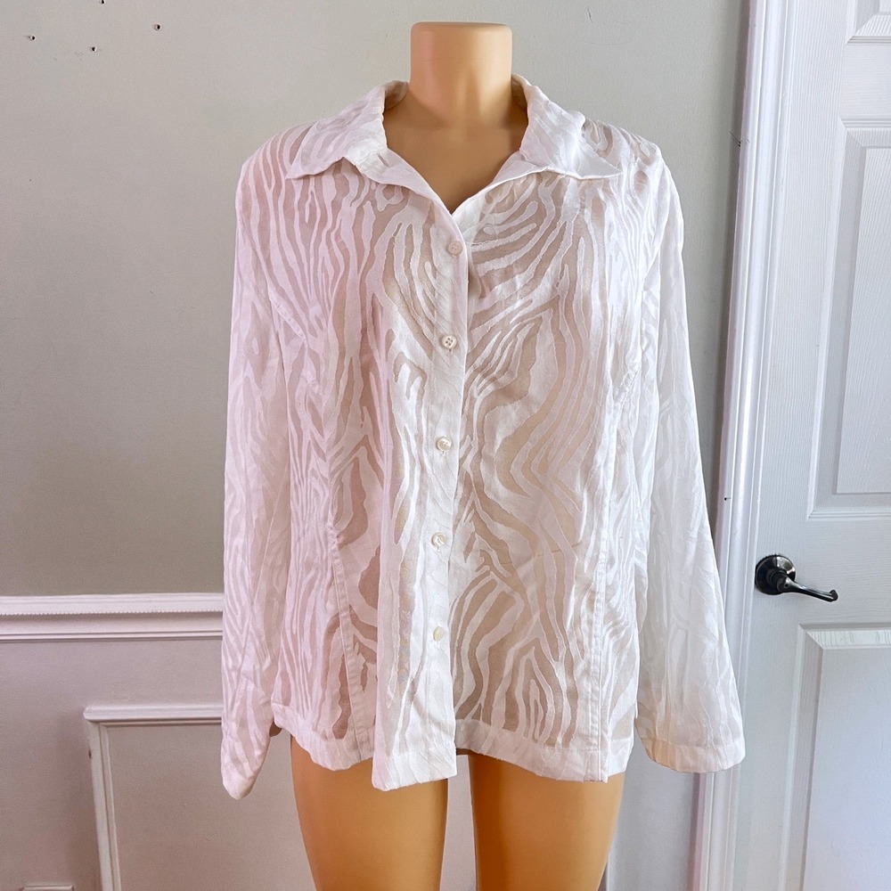 Evan-Picone Blouse Womens 1X Sheer Burnout White Quiet Luxury Old Money
